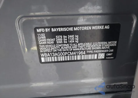 2023 BMW 530E из США, поврежденный, VIN WBA13AG00PCM41964